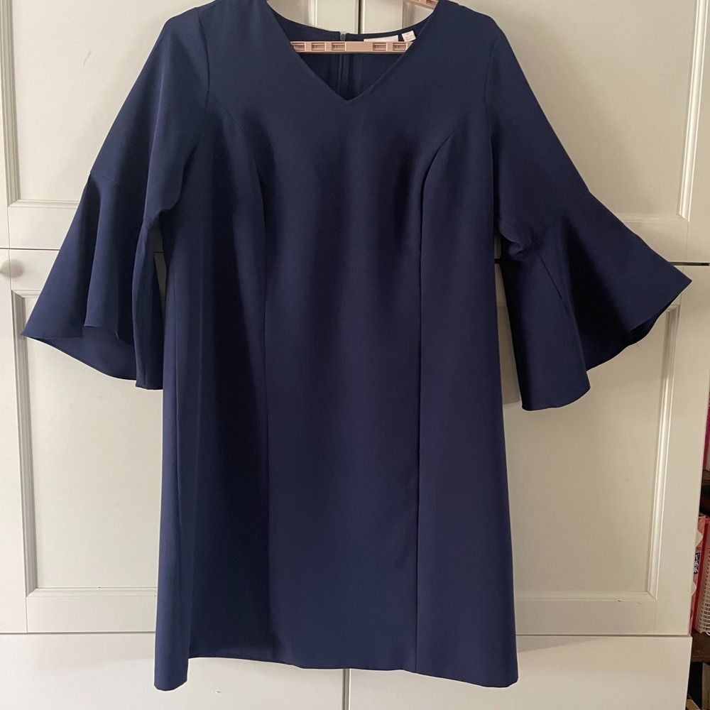 Belle by Kim Gravel Women V-Neck Bell Sleeve Shift Dress 1X Plus Blue